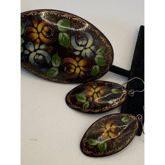 Hand-Painted Russian Floral Brooch & Earrings Set With Rich Glossy Finish - Picture 7 of 12
